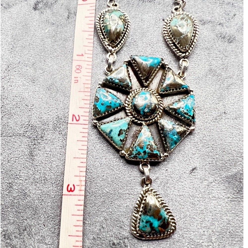 .925 Sterling Silver Turquoise Southwestern Style Y Drop Lariat Cluster Necklace - Picture 9 of 9